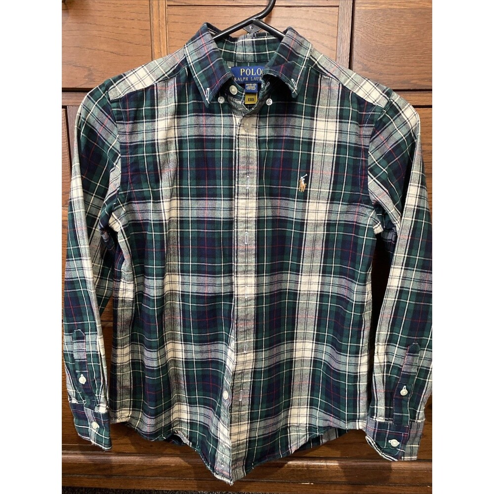 POLO RALPH LAUREN Plaid Green/Red/White Boys M 10-12 Long Sleeve Button